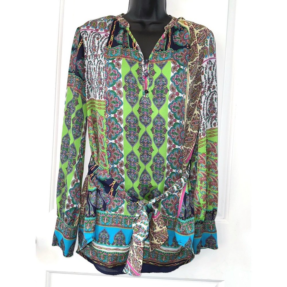 Liz Claiborne Women's Green Floral Paisley Blue Sheer Top Shirt Blouse w/ Tie